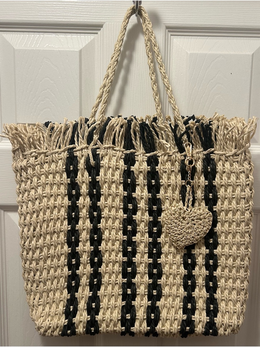 Haute Hippie Style Black Striped Straw Tote With Heart Charm